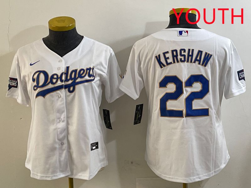 Youth Los Angeles Dodgers 22 Kershaw White Gold Game 2025 Nike MLB Jersey style 1